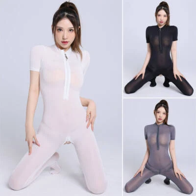 Macacão feminino brilhante transparente dois zíperes virilha aberta macacão com pés macacão - Imagem 1 de 4