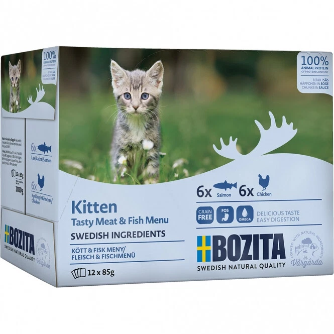 Bozita Pouch Häppchen in Soße Lachs & Fleisch Kitten 12x85g  (EUR 21,55/kg) - Bild 1 von 1