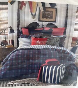 $135 Tommy Hilfiger BOSTON PLAID Blue, Red Twin/XL Twin Comforter & Sham Set NEW