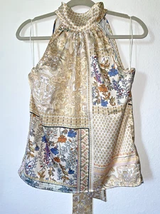Rachel Zoe M Cream Satin Paisley Halter Top Sleeveless Patchwork High Neck Tie - Picture 1 of 8