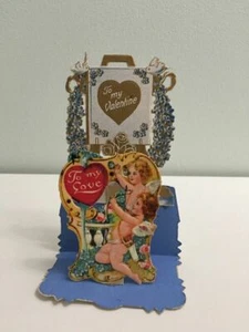 Small Vintage Germany Valentine Card Fold Out Stand Up Cherub Arrow Hearts Birds - Picture 1 of 12