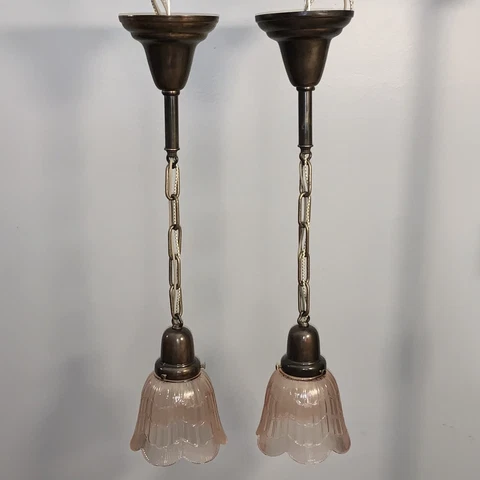 25” Long Pair Antique Brass Pendant Light Fixtures With Salmon Tint Shades 45E Cover