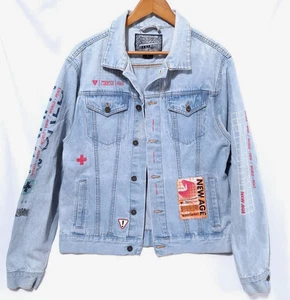 Brooklyn Cloth Denim Jean Jacket New Age Worldwide Graphic Sz L Whitewashed Y2K - Picture 1 of 14