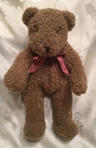 "Mini oso de peluche marrón 6"" RARO cinta de lazo de guinga roja ojos cosidos 0114 de colección" - Imagen 1 de 4