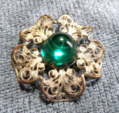 Vintage Antique Metal Filigree Button Green Glass Center - Image 1 of 4