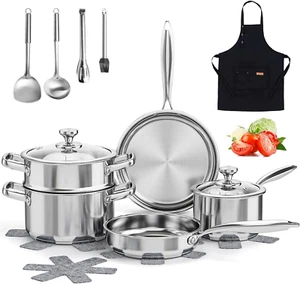Stainless Steel Cookware Set - 16Pcs Pots and Pans Set with Glass Lids Utensils - Picture 1 of 10