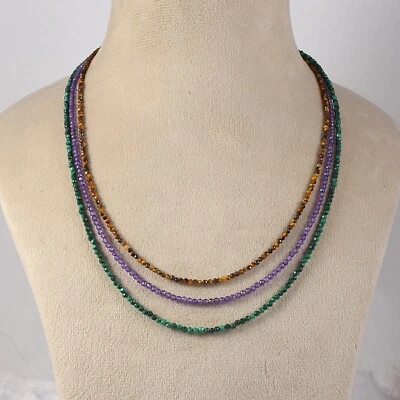 Fatto a Mano Naturale Ametista & Malachite Perline Catena 925 Argento 3 Collana - Immagine 1 di 4