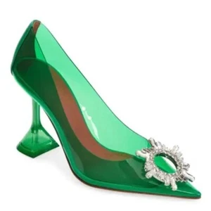 NWT AMINA MUADDI Begum Green Pointed Toe Crystal Brooch Glass Pumps Size EU38.5 - Picture 1 of 15