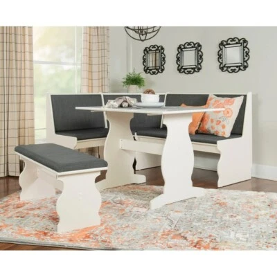 White Cushioned Corner Breakfast Set Nook Dining Bench Table Kitchen Wood Booth - Image 1 of 4