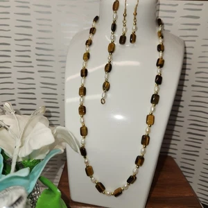 #14, JUEGO DE PULSERA, COLLAR, PENDIENTES OJOS DE TIGRE Y PERLAS DE AGUA DULCE - Imagen 1 de 6