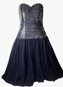 Vintage Kleid trägerlos irisierend Pailletten Top marine Chiffon Rock Reißverschluss beschädigt - Bild 1 von 14