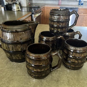 Vintage Robinson Ransbottom Barrell Pitcher & 5 Mugs - Picture 1 of 13