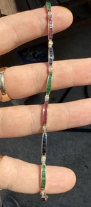 Vintage 14k yellow gold tennis bracelet with Diamond Ruby Sapphire Emerald 7.25” - Picture 1 of 5