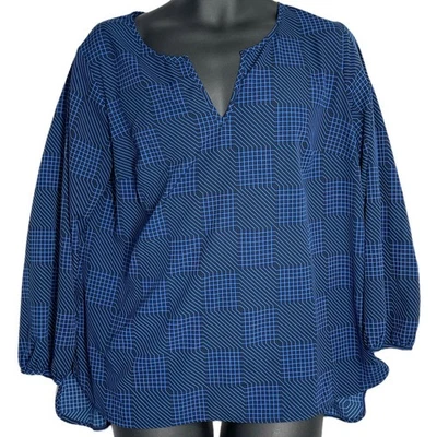 Top túnica Merona XL azul patrón de rejilla estampado por todas partes manga larga informal de negocios Foto 1 de 4