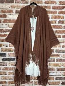 Plus Size Boho Hippie Kimono Tassel Brown Cardigan Duster Kimono Ruana OS S-4x - Picture 1 of 3