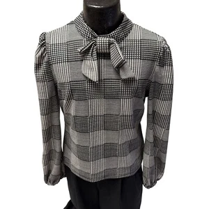 Vtg 60 70's MOD Black White HOUNDSTOOTH Blouse BOW TIE Puff DISCO CAREER Shirt L - Picture 1 of 11