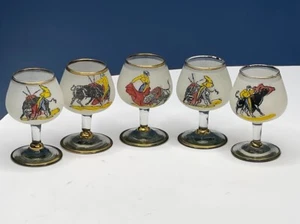 Bullfighting Motif and Gold Trim Rims Cordial/Shot Glasses. Set of 5 - Picture 1 of 8