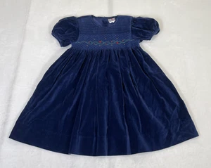 Petit Ami Sz. 6 Navy Blue Velvet Smocked Dress Hand Embroidered Flowers Charity - Picture 1 of 9