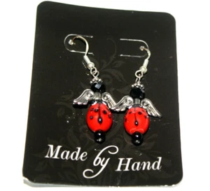 Costume Jewelry Earrings Ladybugs Red Black Silver Metal Wings 1 1/4" x 7/8" - Picture 1 of 2