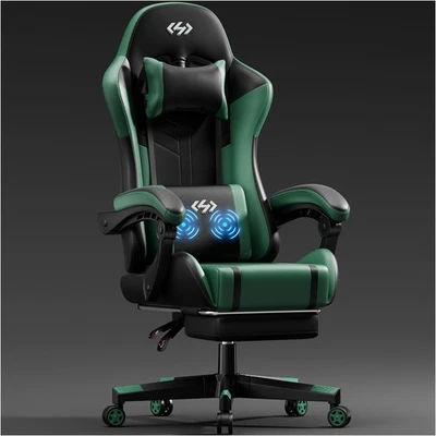 HLFURNIEU Gaming Stuhl mit Massagefunktion, Ergonomische Gamer Stuhl mit Fußstütze, Grün
