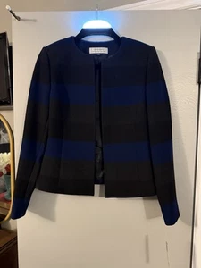 Tahari ASL Levine Blue Gray Black Striped Collarless Blazer Jacket Color Block 4 - Picture 1 of 7
