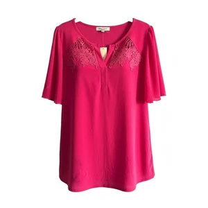 Emma & Olive Damenbluse Hot Pink Spitzendetail Flatterärmel Oberteil Übergröße 1X - Bild 1 von 6
