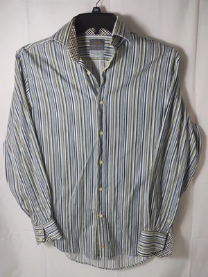 Thomas Dean Dress Shirt Men's Small Blue Yellow Striped Button Up Long Sleeve TD - Image 1 of 4