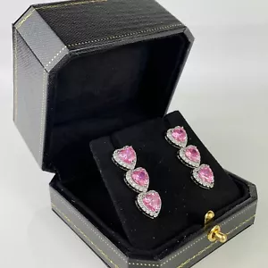 WHITE GOLD FINISH Pink Tourmaline Heart Cut Dangle Created Diamond Earrings - Picture 1 of 5