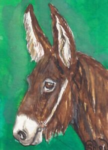 ACEO original Watercolor Art Card Horse cousin long shaggy hair Poitou DONKEY