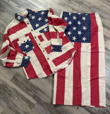 Antigo Conjunto de Saia Bandeira dos EUA Cambridge Dry Goods Camisa Estrelas Listras Patriótica 10/12 - Imagem 1 de 4