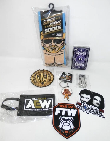 AEW All Elite Crate Swag Lot - Socks Keychain Stickers Cards Patch Luggage Tag Cover