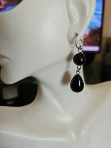 925 Sterling Silver Genuine Black Onyx Drop / Dangle Earrings 1.5 " - Picture 1 of 5