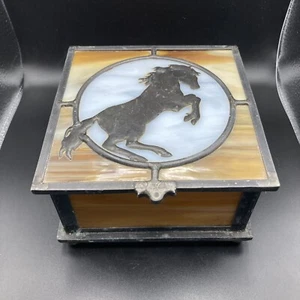 Art Glass Box Hinged & Footed with Appliqué Horse Signed  5-7/8” Square - Picture 1 of 12