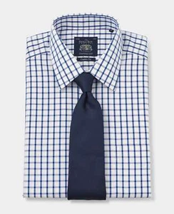 Camicie formali non ferrose da uomo Savile Row Company vestite classiche bianco a scacchi blu - Foto 1 di 6