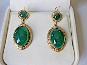 VINTAGE ELEGANT 14K YELLOW GOLD DANGLING EARRINGS with NATURAL CHRYSOPRASE - Picture 1 of 3