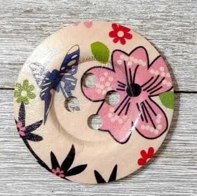 natural wood large button sewing 4 hole 2 inch pink butterfly 1pc new - Image 1 of 2