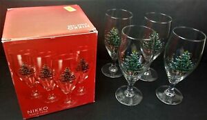 Nikko Christmas Stemmed Beverage Glassware Set of 4 w/ Box Xmas Tree Toys USA