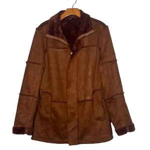 Faux Suede Patchwork Jacket Full Zip Mock neck Teddy Bear Brown Oversized Med - Picture 1 of 11
