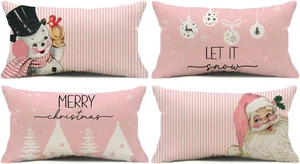 Christmas Decorations Pillow Covers 12X20 Set of 4 Pink Stripes Santa Snowman Sn - Picture 1 of 12