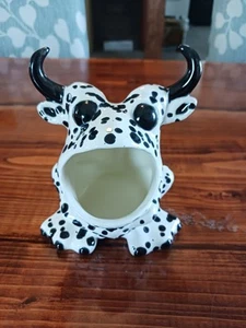Toro Rana Con Corna Porta Spugna Bianco E Nero Ceramica - Foto 1 di 7