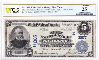 $5 1902 PB National Albany New York NY 🇺🇸 PCGS 25 Very Fine 🇺🇸 - Image 1 of 2