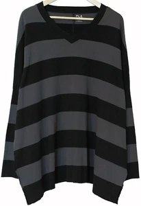 PLANET by Lauren G Black Gray STRIPED V TEE TOP Long Slv O/S Pima Cotton - Picture 1 of 3