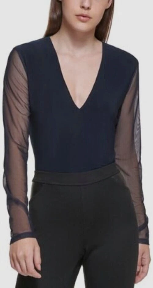 DKNY BLACK Mixed-Media V-Neck Bodysuit, US Large - Image 1 of 2