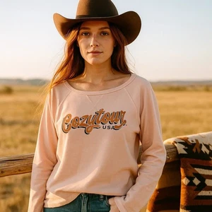 Idyllwind Boot Barn Cozy Town USA Bell Sleeve Pink and Orange Lounge Shirt Large - Picture 1 of 7