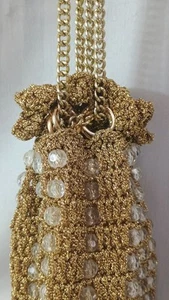 Vtg Flapper Style Purse Gold Crochet Beaded Chain Drawstring Close Tassel Party - Picture 1 of 10