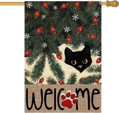 Christmas House Flag 28x40 Inch Double Sided Outside, Black Cat Winter Seasonal  - Image 1 of 4