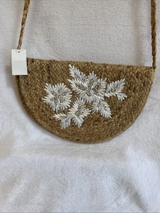 Jute Crossbody Bag with Silver Beaded Floral Embellishment, Bohemian Style - Picture 1 of 10