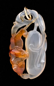 Chinese White & Orange Carved Jade Pendant / Toggle Bat with Fruit, 14k - Picture 1 of 10
