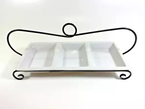 Circe 3 Section Divided White Platter With Black Metal Rack Stand 16" x 7.25" - Picture 1 of 11