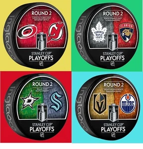 2023 NHL STANLEY CUP PLAYOFFS VIER (4) PUCK SET DUELLTEAM NHL RUNDE 2 HOCKEY - Bild 1 von 6